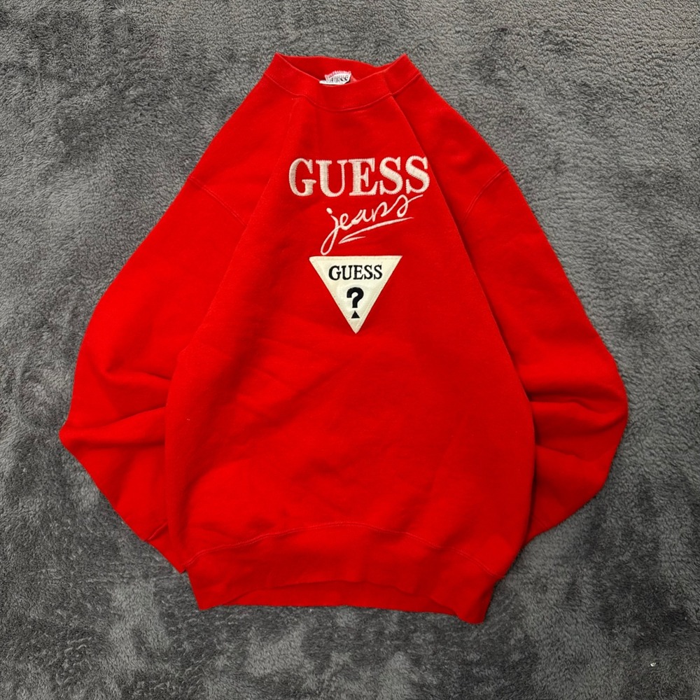 Vintage Guess Jeans Red Crewneck Sweatshirt XL Embroidered Triangle Logo USA